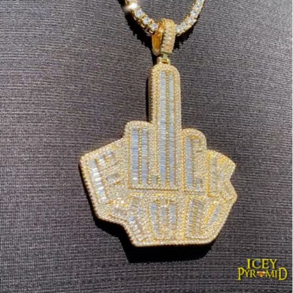 Bling Bling Diamond Covered Vertical Middle Finger Pendant - Picture 2 of 3